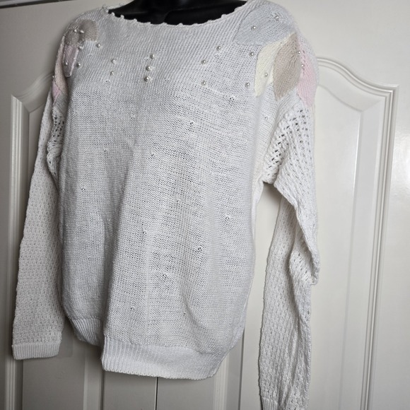 The Unbranded Brand Sweaters - Vtg Sweater Pastel Leaves M  Faux Pearls‎  80s 90s Unbranded